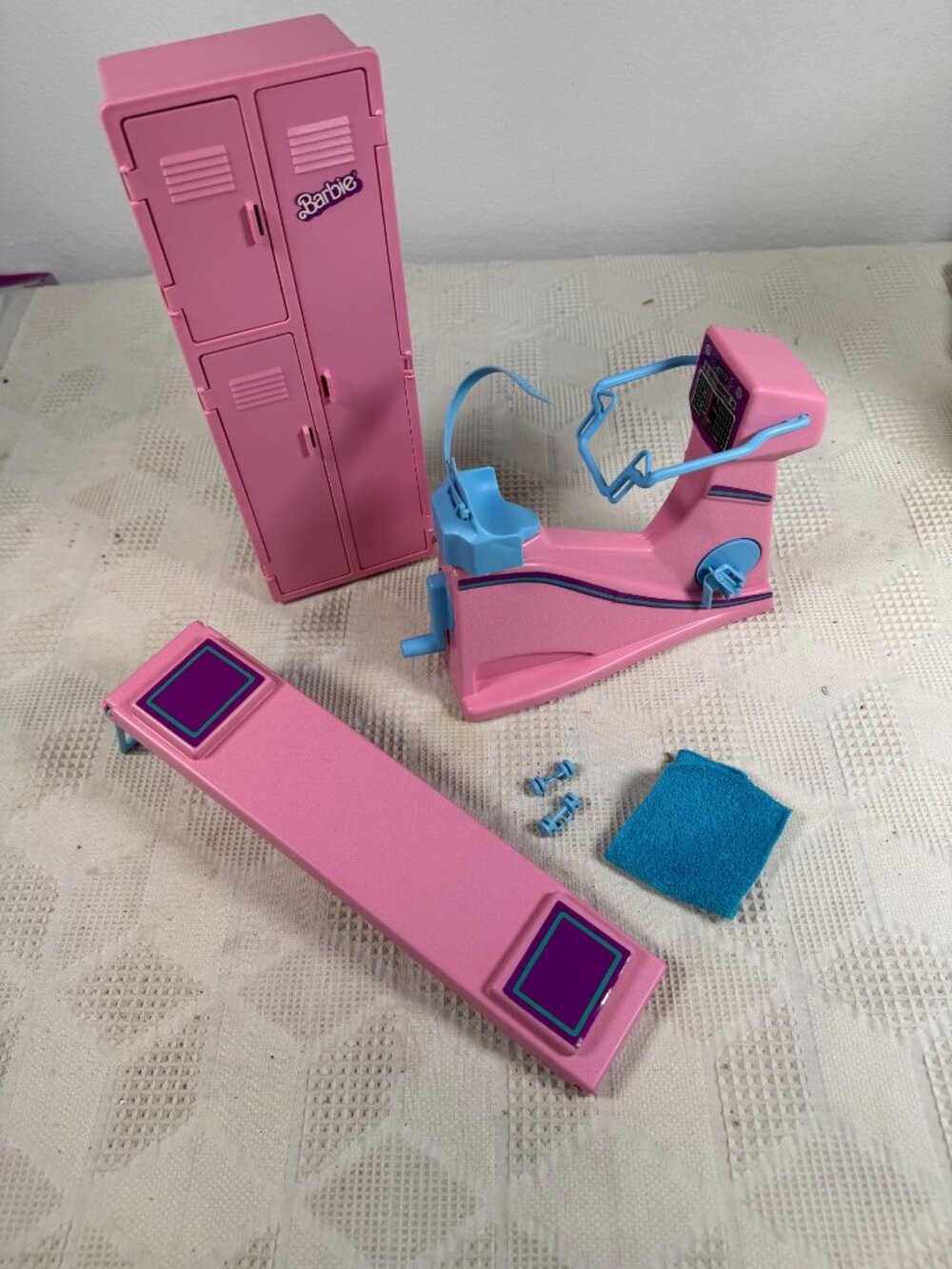 1984 Barbie Workout Center Pink Locker Bike Bench Weights Towel Partial Set